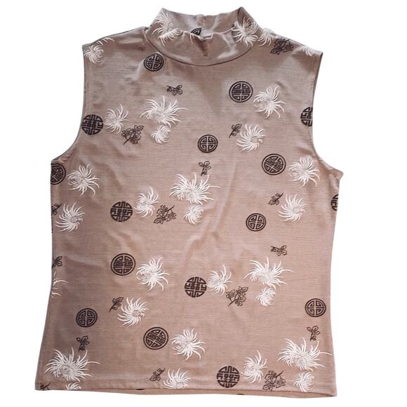 ACW Design Brown Tan Geometric Floral Sleeveless Funnel Neck Shirt Tank Top - Picture 1 of 4